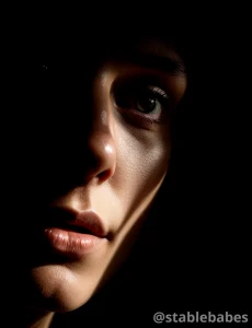 a captivating photorealistic art photograph featuring a woman's face illuminated by backlighting on a black background.